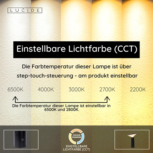 Lucide JIVE - wiederaufladbare Tischlampe Innen/Außen - Akku/Batterie - Ø 13,7 cm - LED Dim. - CCT - 1x3W 2800K/6500K - IP44 - Schwarz - USP